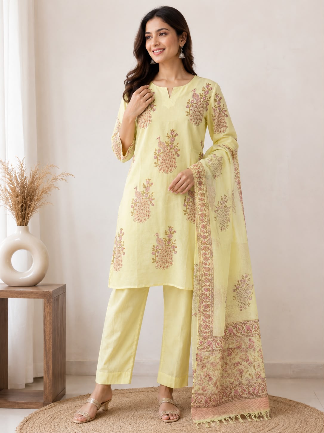 Women’s Light Yellow Printed Kurti Pant Set with Dupatta | Ethnic 3-Piece Kurta Set