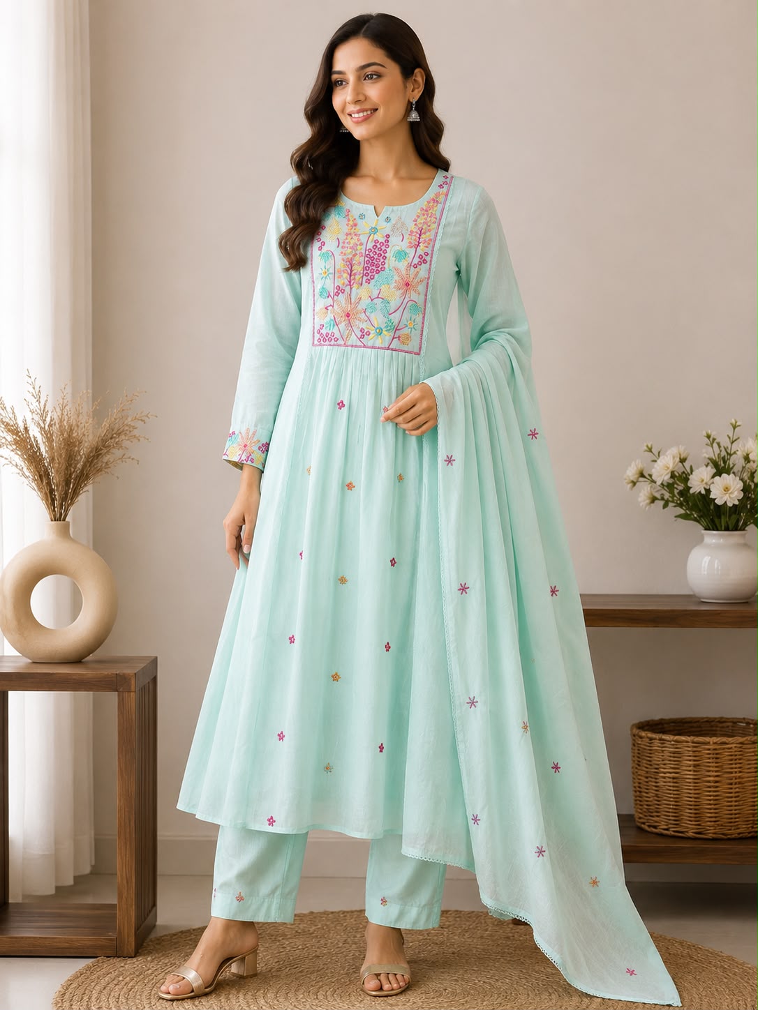 Women’s Aqua Blue Embroidered Anarkali Kurti Pant Set with Dupatta | Ethnic 3-Piece Kurta Set