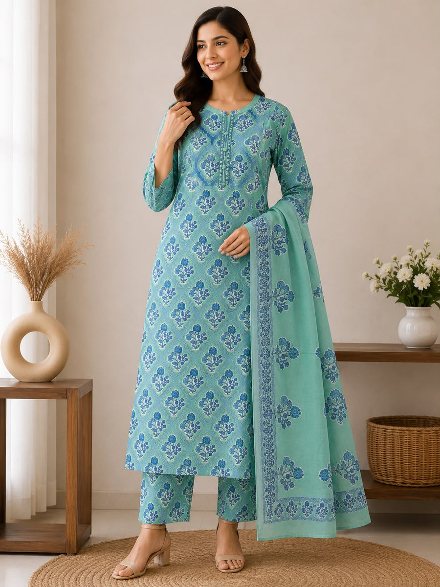 Women’s Aqua Green Printed Kurti Pant Set with Dupatta | Ethnic 3-Piece Kurta Set