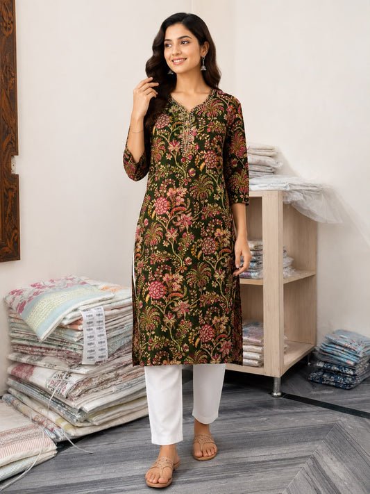 Women Dark Green Cotton Kurti with Multicolor Floral Print | 3/4 Sleeve Straight Fit Ethnic Kurta