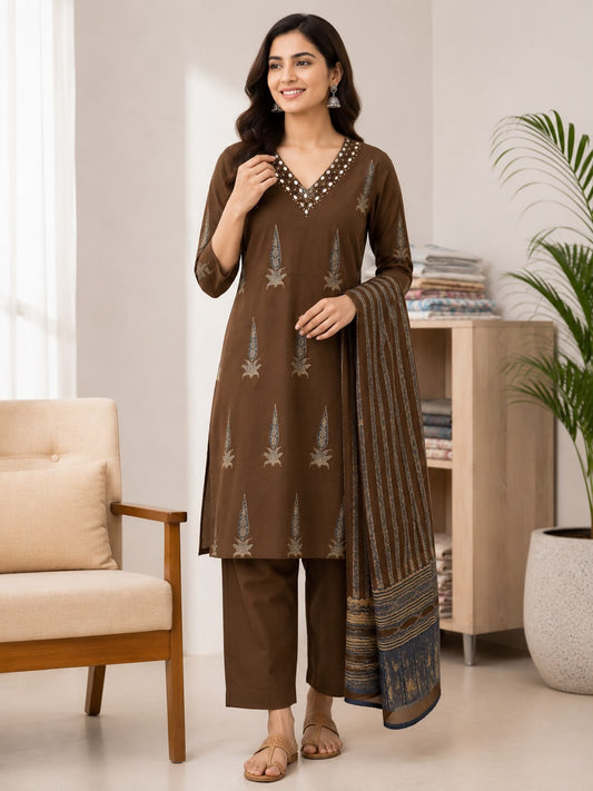 Women Brown Cotton Kurti Set with Dupatta | Printed Kurta Pant Set with V-Neck Embellished Detail