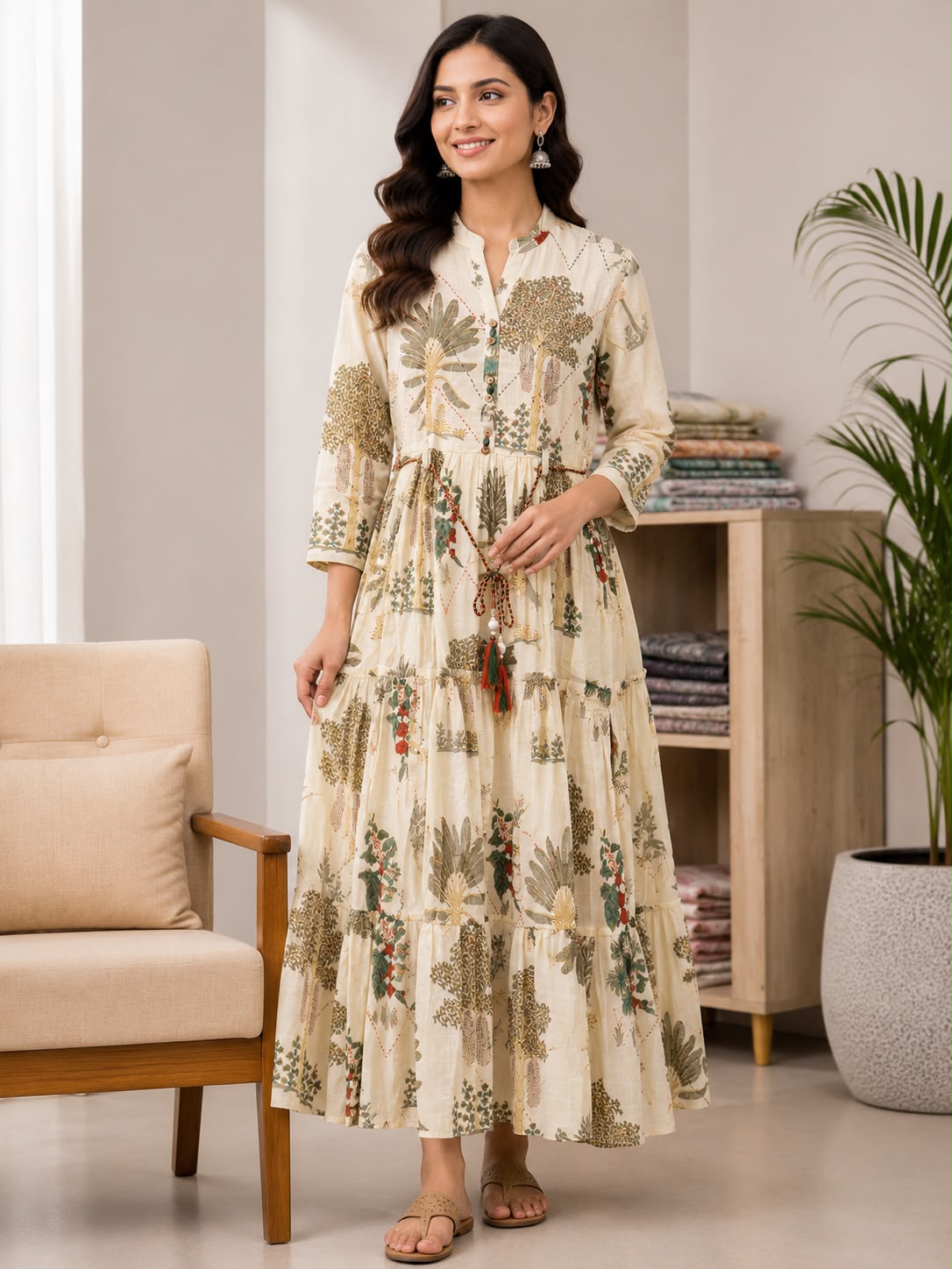 Women Cream Cotton Printed Maxi Dress | Floral Tiered Ethnic Dress with Collar & Tassel Detailing