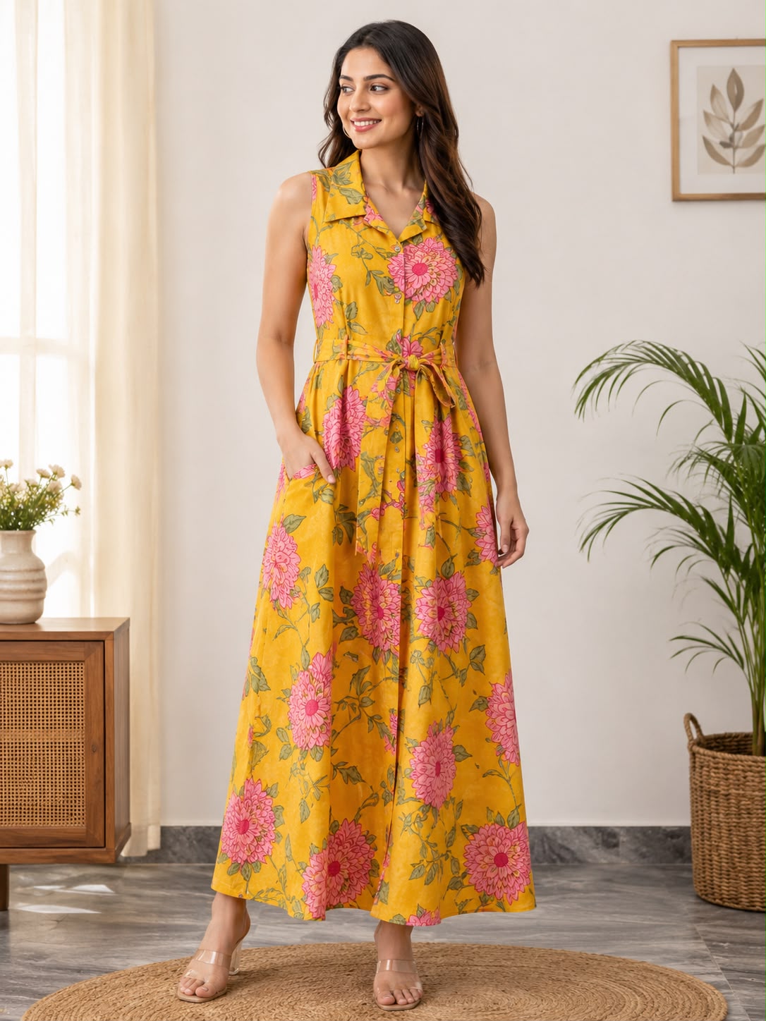 Women Yellow Floral Printed Rayon Maxi Dress | Sleeveless Collared Long Dress with Waist Tie-Up
