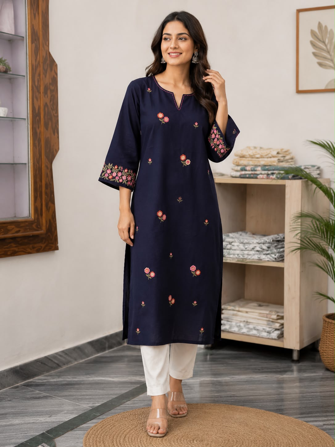 Women Navy Blue Floral Embroidered Cotton Kurti | 3/4 Sleeve Straight Kurta for Casual & Office Wear