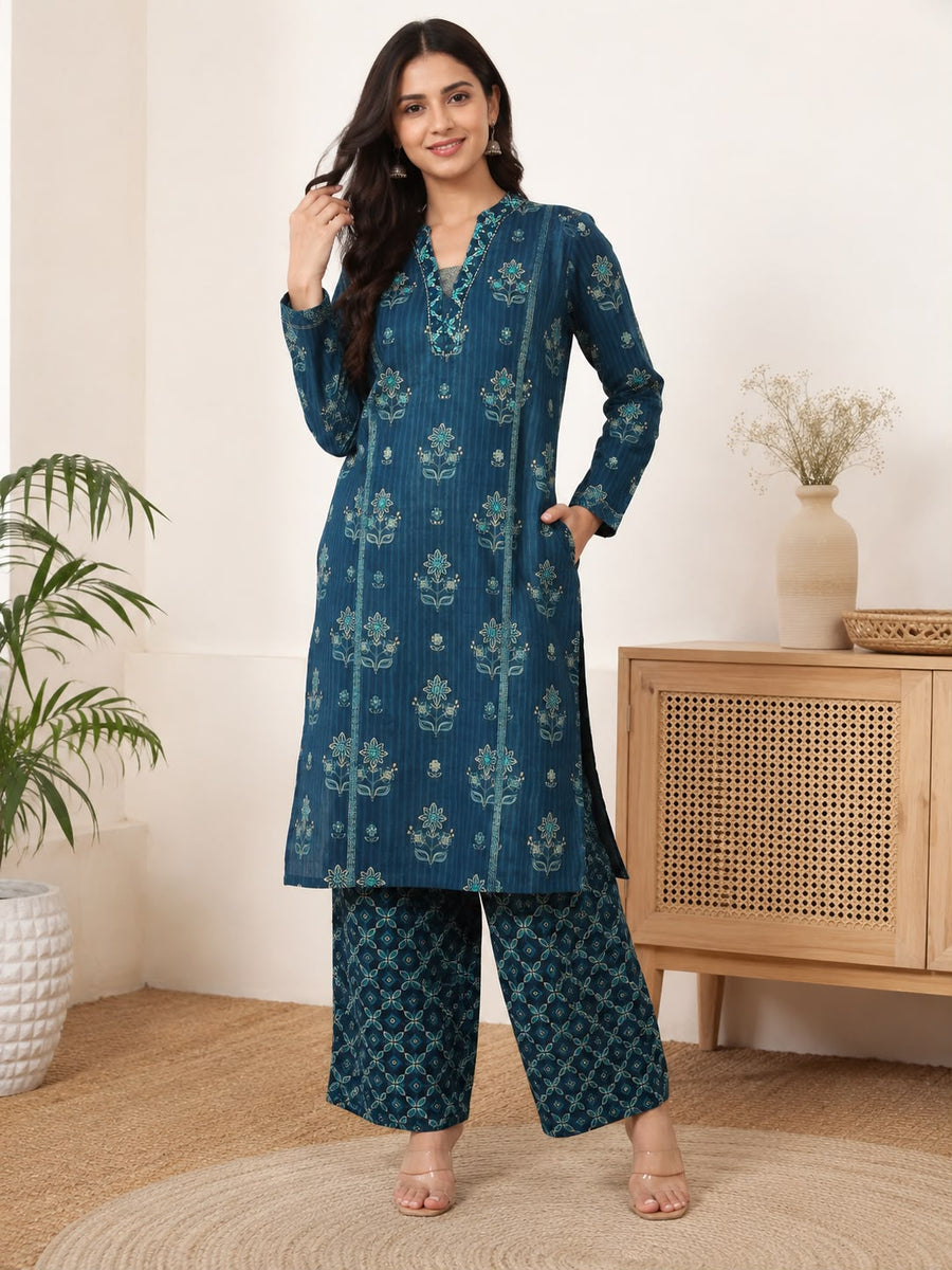 Women Blue Printed Kurti Set with Palazzo Pants – Ethnic Kurta Pant Set for Casual & Office Wear