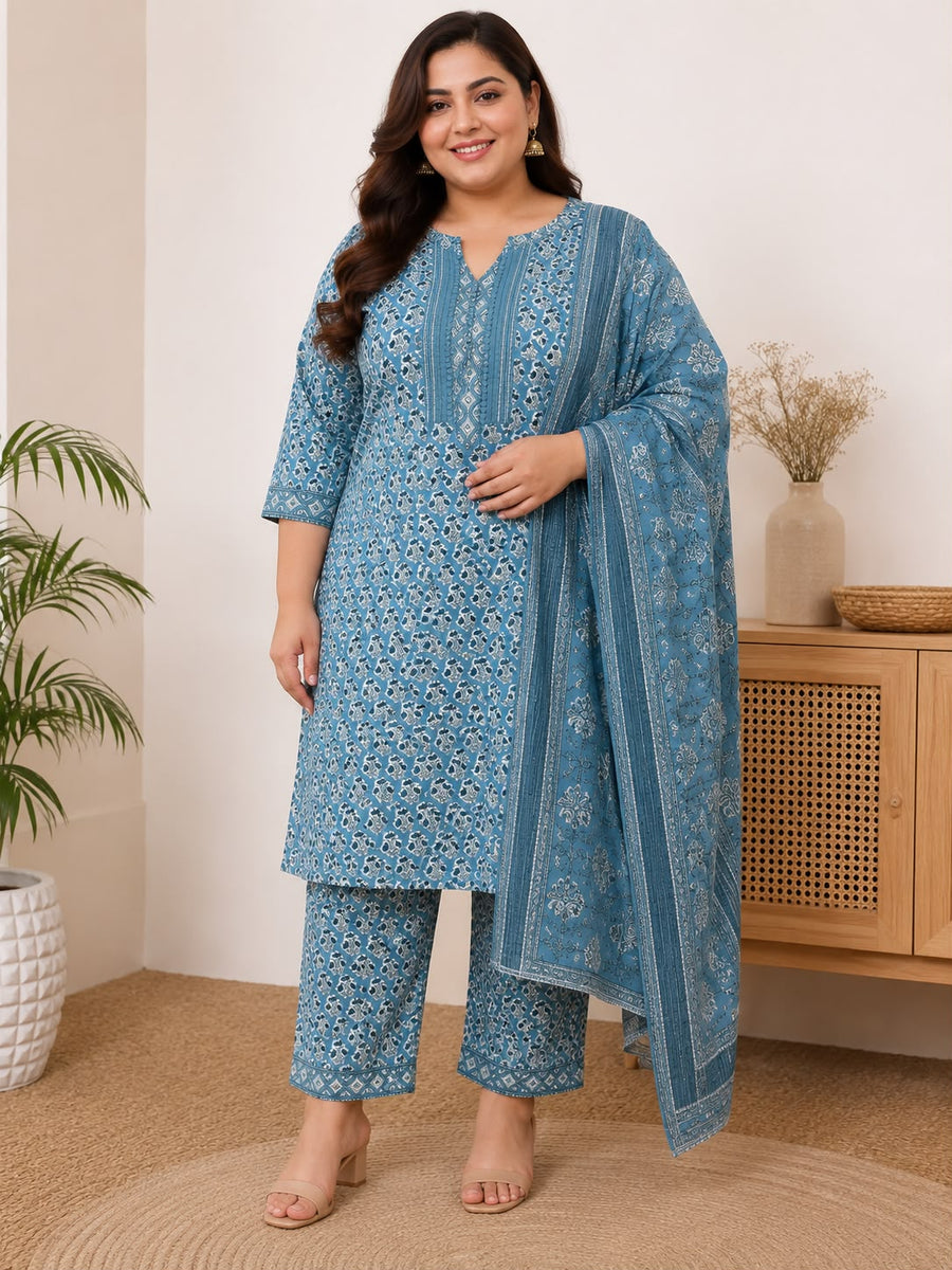 Women Blue Plus Size Kurti Set with Dupatta – 3 Piece Printed Kurta Pant Suit for Casual & Office Wear