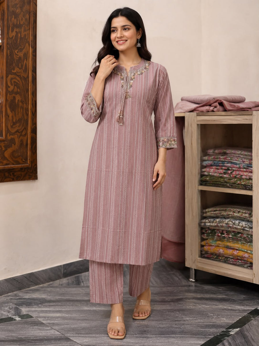 Women’s Mauve Cotton Kurti Set with Pant | Embroidered Neck Kurta Set for Casual & Office Wear