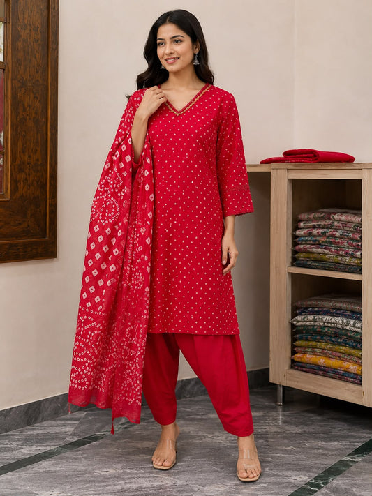 Women’s Red Maslin Kurti Set with Dupatta | Bandhani Print Kurta Pant Set for Festive & Casual Wear