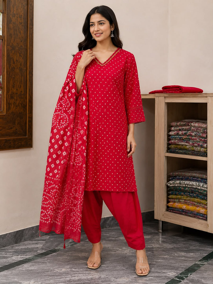 Women’s Red Maslin Kurti Set with Dupatta | Bandhani Print Kurta Pant Set for Festive & Casual Wear
