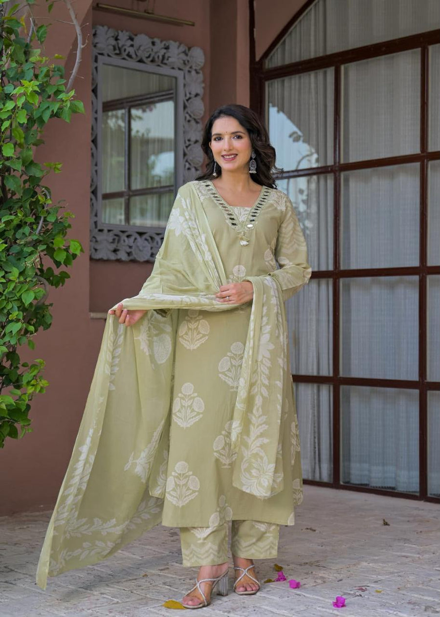 Women’s Sage Green Kurti Set with Dupatta | Floral Printed Ethnic Kurta Pant Set for Festive & Casual Wear