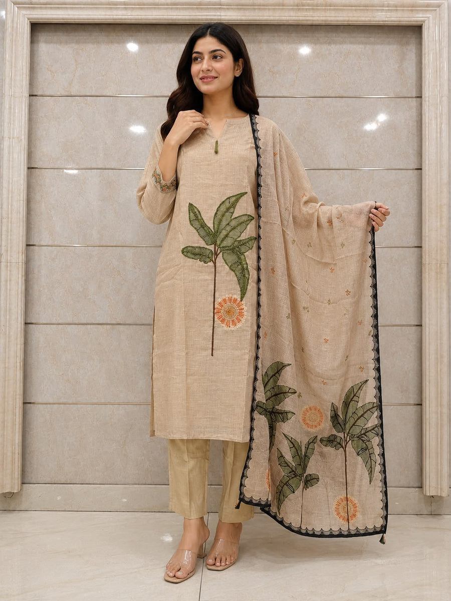 Women’s Beige Chanderi Kurti Set with Dupatta | Kantha Work Kurta Pant Set for Festive & Ethnic Wear
