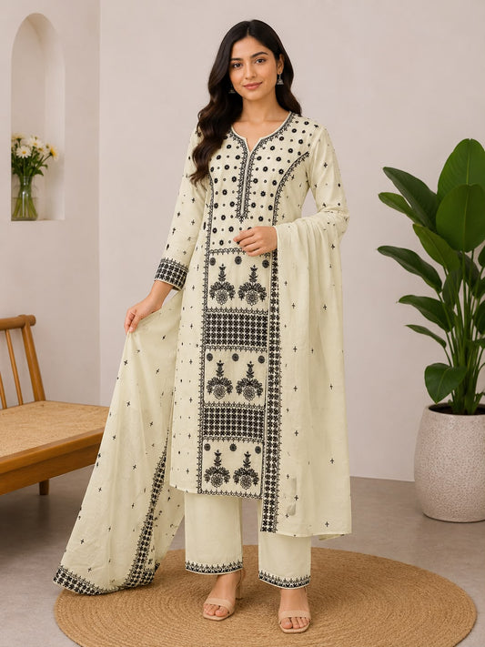 Women’s Mal Chanderi Kurti Set with Dupatta – Cream Black Embroidered Ethnic Kurta Pant Set