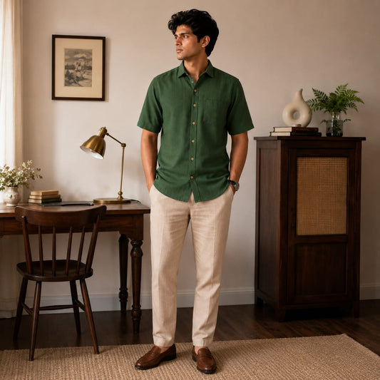Men’s Linen Blend Half Sleeve Shirt – Olive Green Solid Casual Shirt with Regular Fit & Button-Down Collar