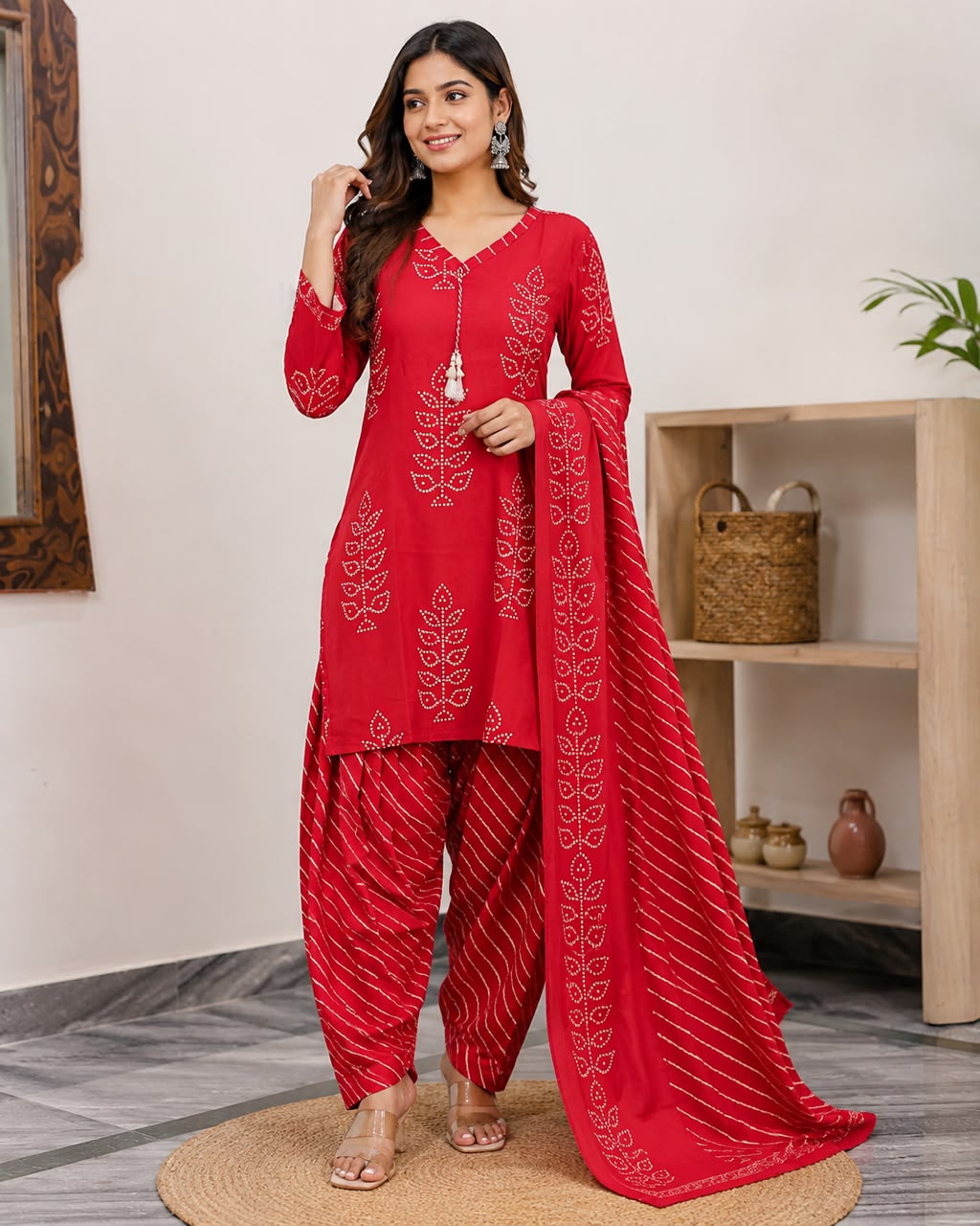 Women’s Red Cotton Printed Kurti Set with Dupatta – V-Neck Kurta, Dhoti-Style Pants & Tassel Detail