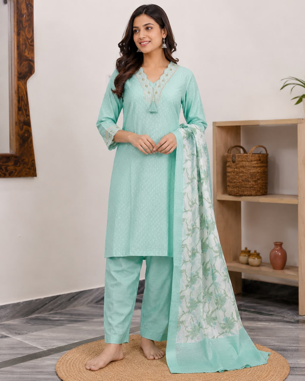 Women’s Mint Green Cotton Kurti Set with Printed Dupatta – Embellished Neck Kurta and Straight Pants