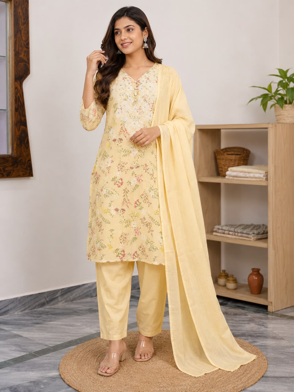 Women’s Yellow Cotton Floral Printed Kurti Set with Dupatta – V-Neck Kurta and Straight Pants