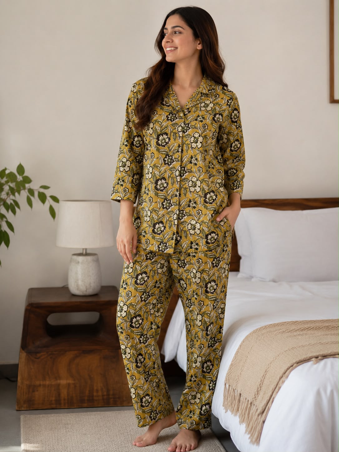 Women’s Mustard Kalamkari Hand Block Print Cotton Night Suit | Front-Open Shirt & Pyjama Set