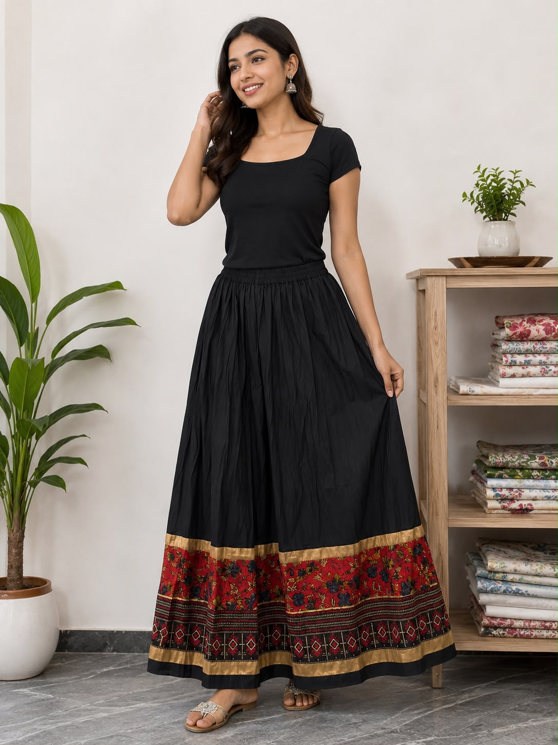 Women’s Black Flared Cotton Maxi Skirt with Red Floral Border | Elastic Waist Ethnic Long Skirt