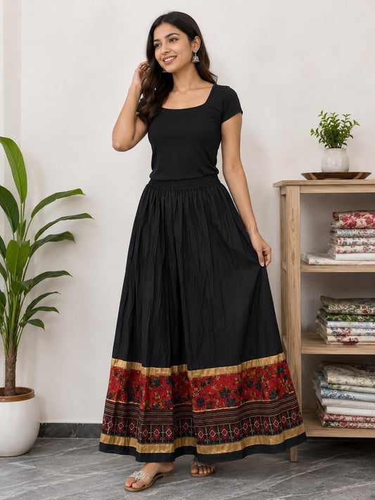 Women’s Black Flared Cotton Maxi Skirt with Red Floral Border | Elastic Waist Ethnic Long Skirt