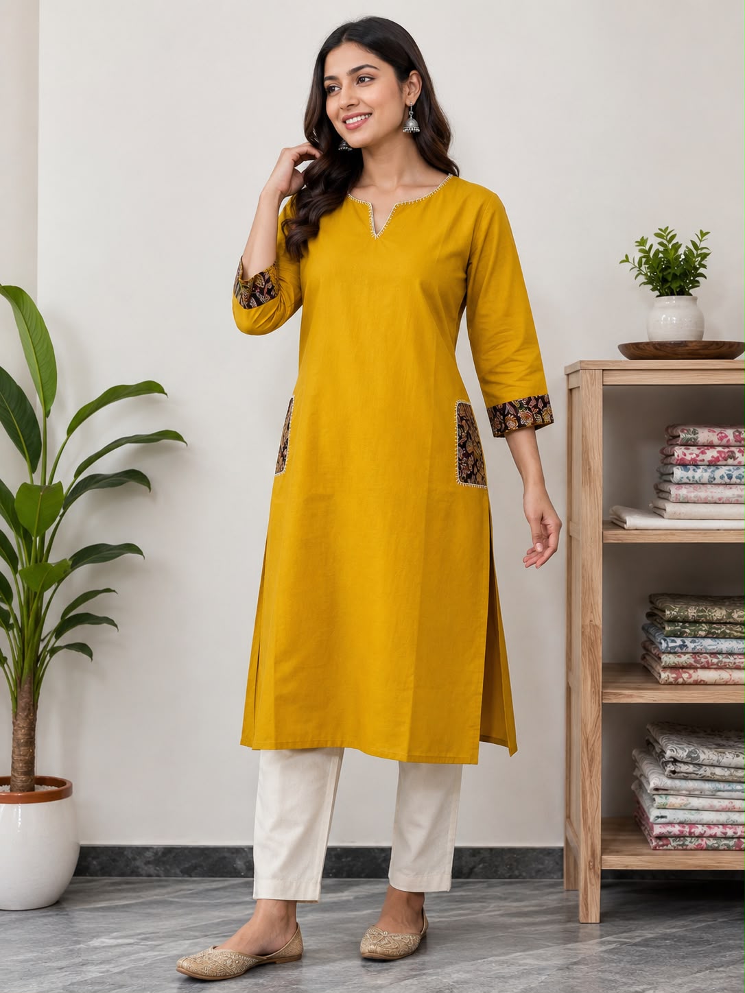 Women’s Mustard Yellow Cotton Kurti with Kalamkari Print Details | 3/4 Sleeve Straight Kurta with Pockets