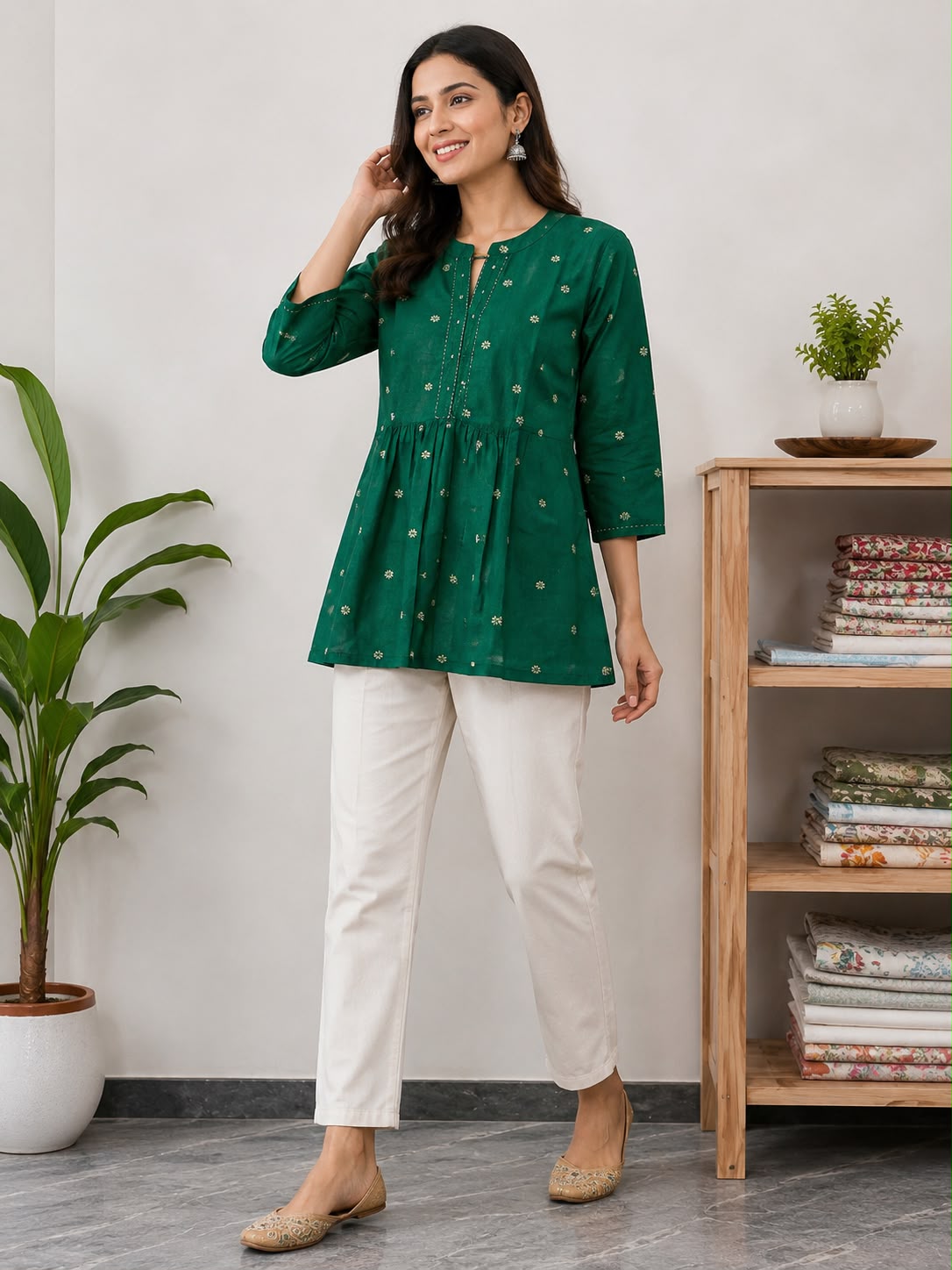 Women’s Bottle Green Khadi Short Kurti | Printed 3/4 Sleeve Peplum-Style Ethnic Top