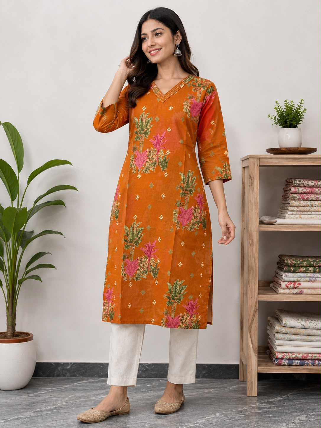 Women’s Rust Orange Floral Printed Cotton Kurti | V-Neck 3/4 Sleeve Straight Kurta
