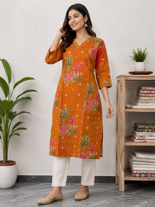 Women’s Rust Orange Floral Printed Cotton Kurti | V-Neck 3/4 Sleeve Straight Kurta