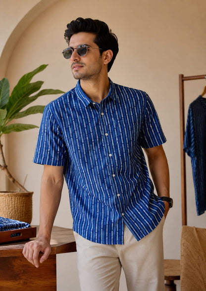 Men’s Indigo Blue Hand Block Printed Half Sleeve Cotton Shirt | Regular Fit Casual Summer Shirt