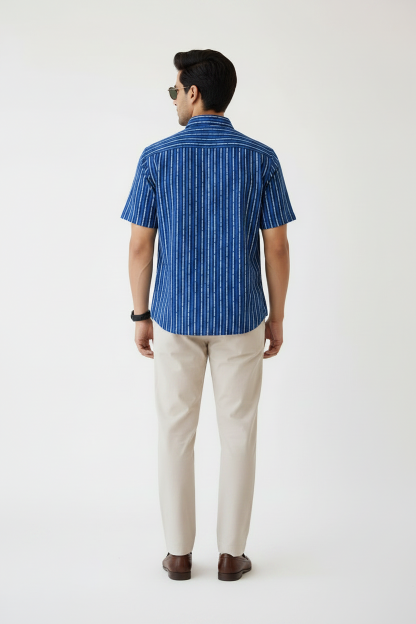 Men’s Indigo Blue Hand Block Printed Half Sleeve Cotton Shirt | Regular Fit Casual Summer Shirt