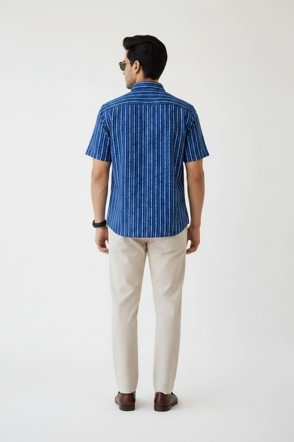 Men’s Indigo Blue Hand Block Printed Half Sleeve Cotton Shirt | Regular Fit Casual Summer Shirt