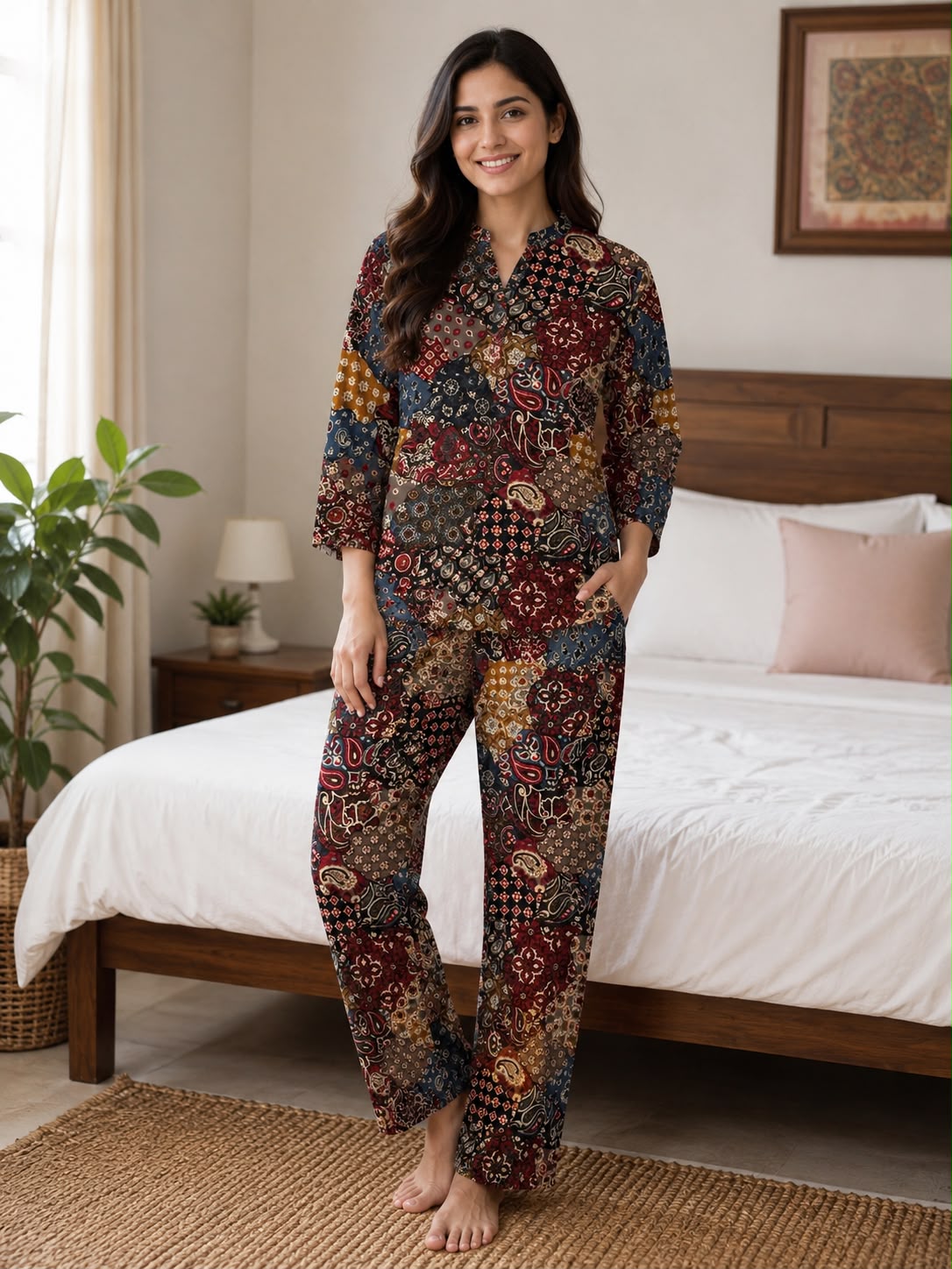 Women’s Multicolor Patchwork Paisley Print Night Suit Set | 3/4 Sleeve Top & Straight-Fit Pajama