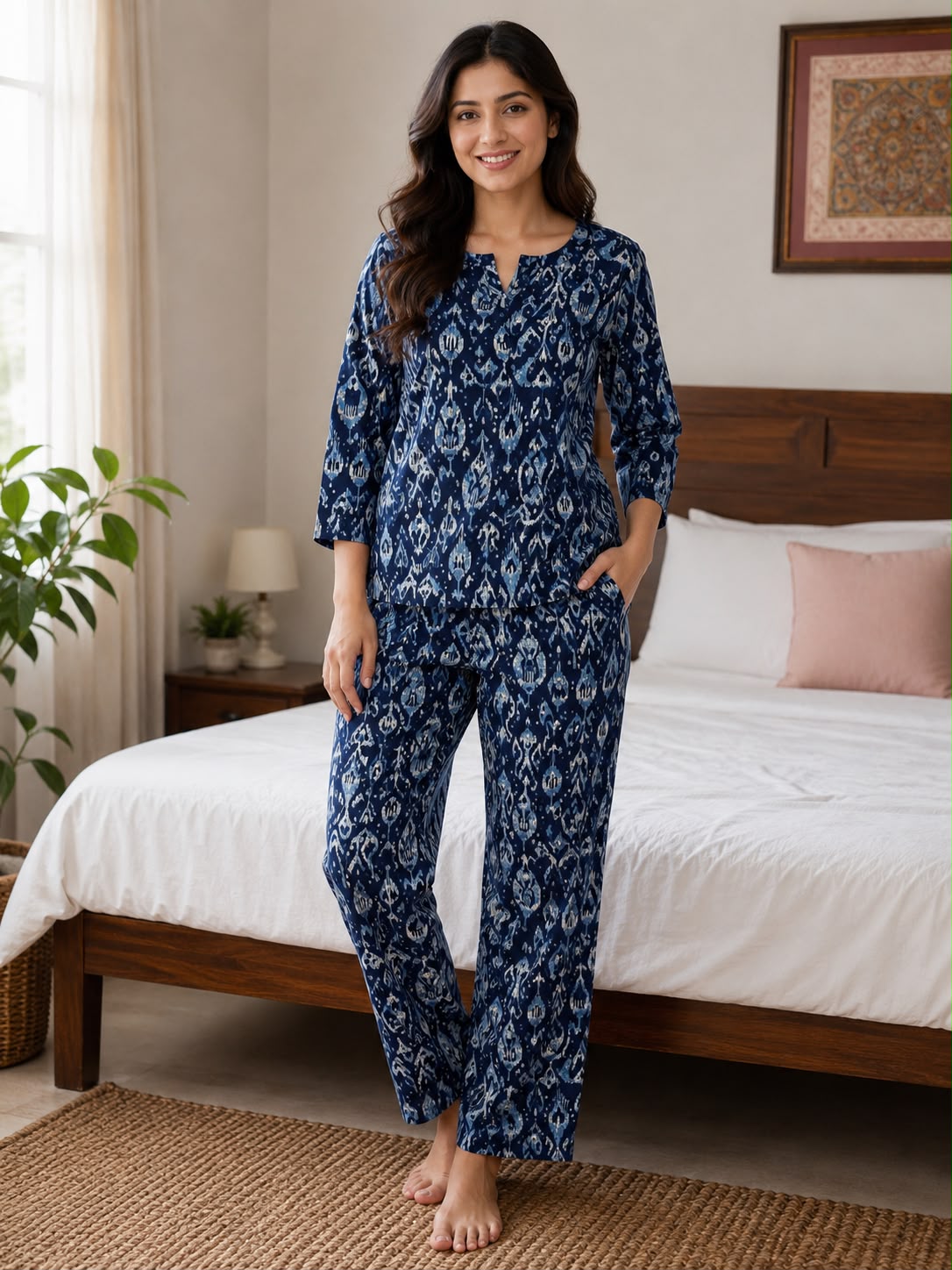 Women’s Navy Blue Ethnic Print Night Suit Set | 3/4 Sleeve Top with Straight-Fit Pajama