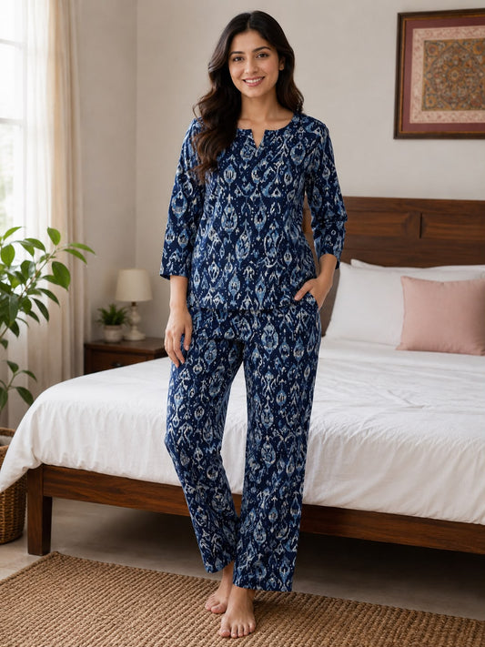 Women’s Navy Blue Ethnic Print Night Suit Set | 3/4 Sleeve Top with Straight-Fit Pajama
