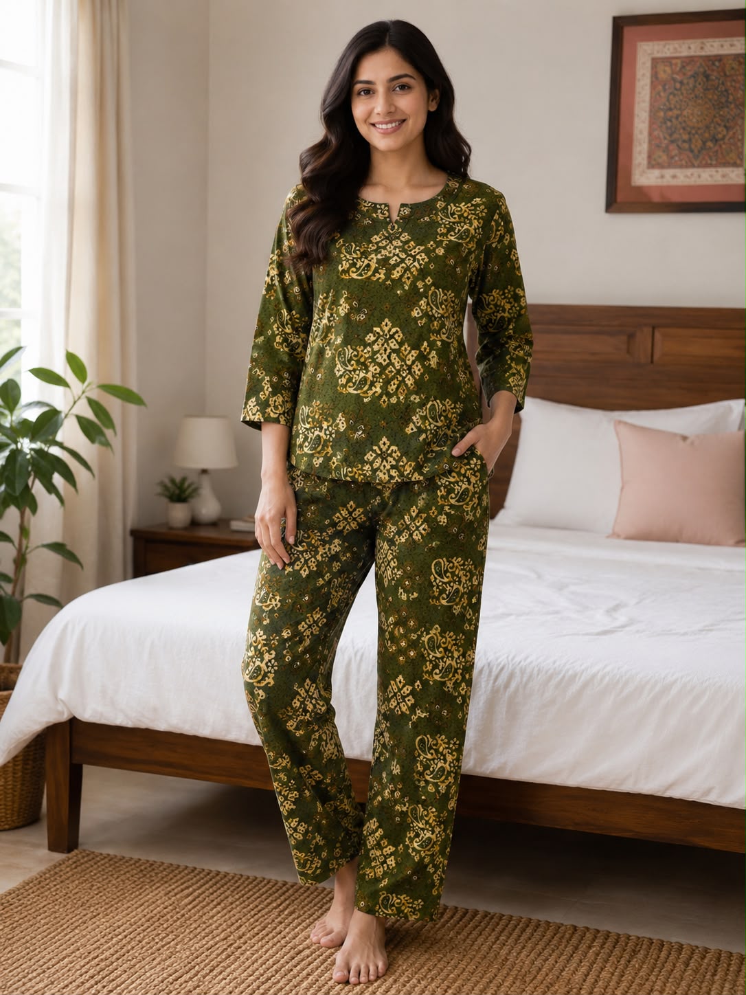 Women’s Olive Green Ethnic Print Night Suit Set | 3/4 Sleeve Top with Straight-Fit Pajama