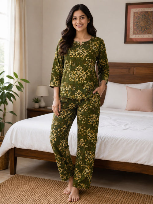 Women’s Olive Green Ethnic Print Night Suit Set | 3/4 Sleeve Top with Straight-Fit Pajama