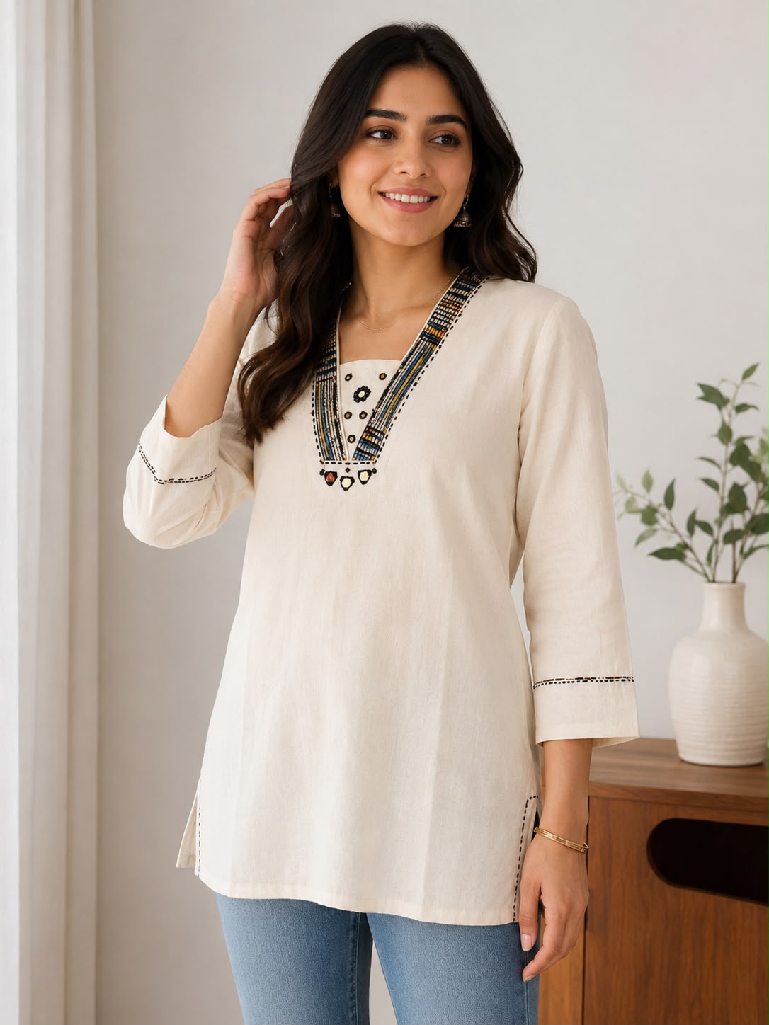 Women’s Off-White Khadi Cotton Short Kurti with Embroidered V-Neck | 3/4 Sleeve Ethnic Top
