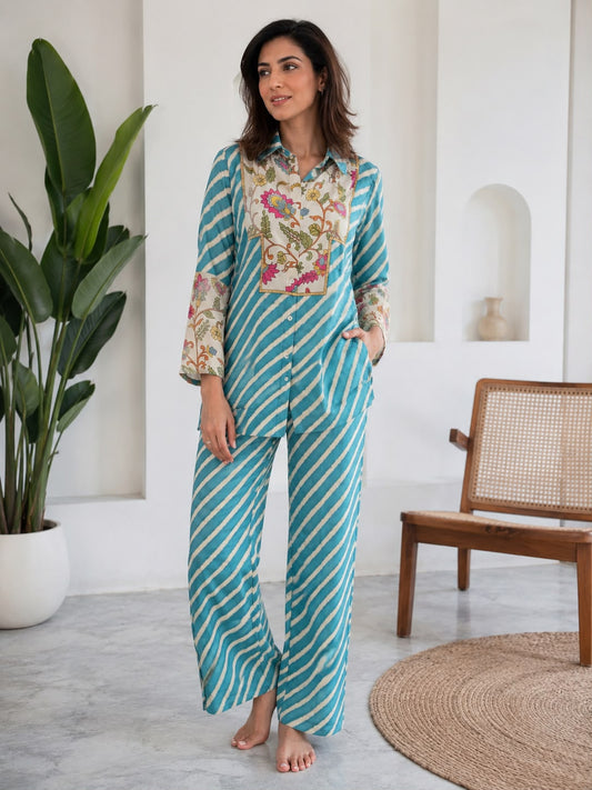 Women’s Blue & Cream Printed Crepe Co-ord Set | Collared Button-Down Top with Wide-Leg Pants