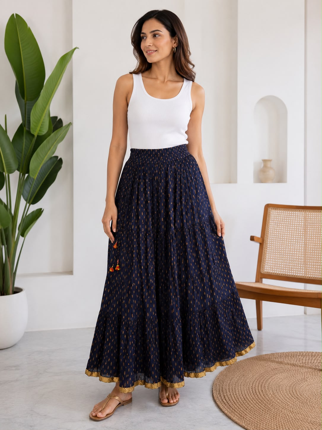 Women’s Navy Blue Printed Tiered Maxi Skirt | Flared Long Skirt with Smocked Waist & Golden Border