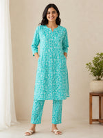 Women’s Aqua Blue Printed Kurta Pant Co-ord Set | Straight Kurti with Pockets & Matching Pants | Casual Ethnic Two-Piece Set