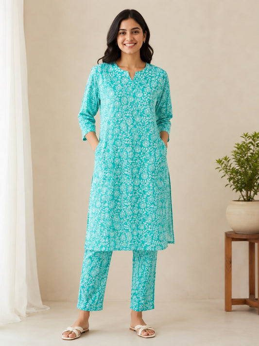 Women’s Aqua Blue Printed Kurta Pant Co-ord Set | Straight Kurti with Pockets & Matching Pants | Casual Ethnic Two-Piece Set