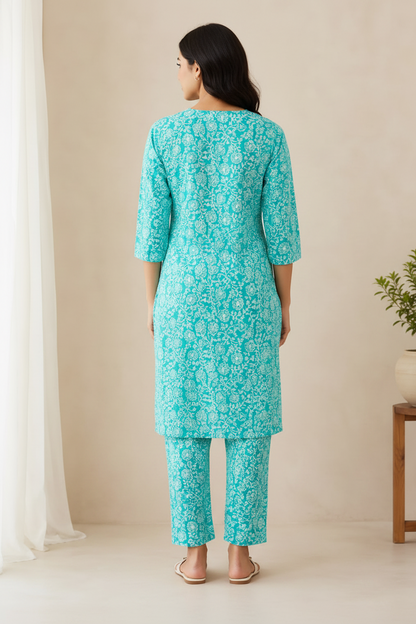 Women’s Aqua Blue Printed Kurta Pant Co-ord Set | Straight Kurti with Pockets & Matching Pants | Casual Ethnic Two-Piece Set