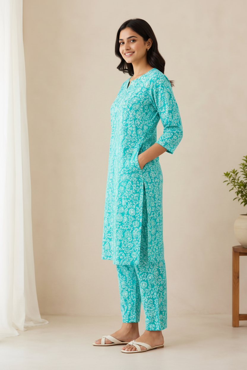 Women’s Aqua Blue Printed Kurta Pant Co-ord Set | Straight Kurti with Pockets & Matching Pants | Casual Ethnic Two-Piece Set