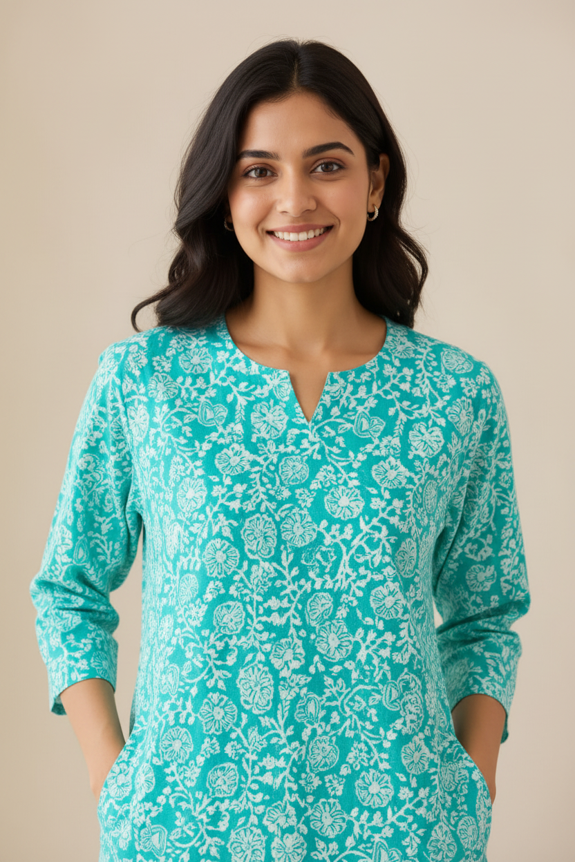 Women’s Aqua Blue Printed Kurta Pant Co-ord Set | Straight Kurti with Pockets & Matching Pants | Casual Ethnic Two-Piece Set