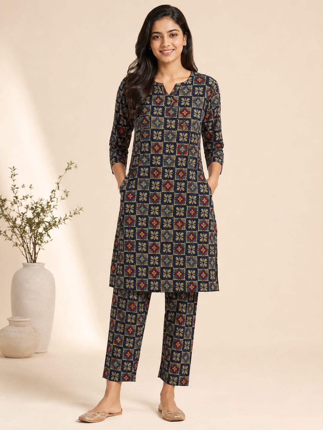Women’s Navy Blue Ajrakh-Inspired Printed Kurta Pant Co-ord Set | Straight Kurti with Pockets & Matching Pants | Ethnic Two-Piece Set