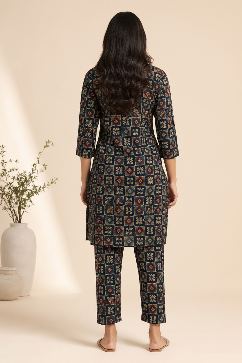 Women’s Navy Blue Ajrakh-Inspired Printed Kurta Pant Co-ord Set | Straight Kurti with Pockets & Matching Pants | Ethnic Two-Piece Set