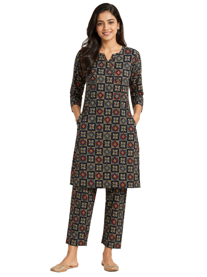 Women’s Navy Blue Ajrakh-Inspired Printed Kurta Pant Co-ord Set | Straight Kurti with Pockets & Matching Pants | Ethnic Two-Piece Set