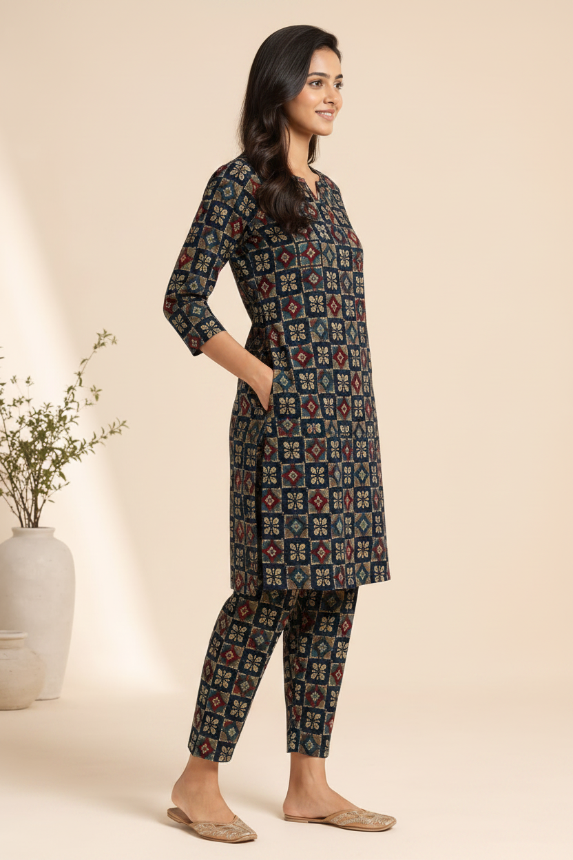 Women’s Navy Blue Ajrakh-Inspired Printed Kurta Pant Co-ord Set | Straight Kurti with Pockets & Matching Pants | Ethnic Two-Piece Set