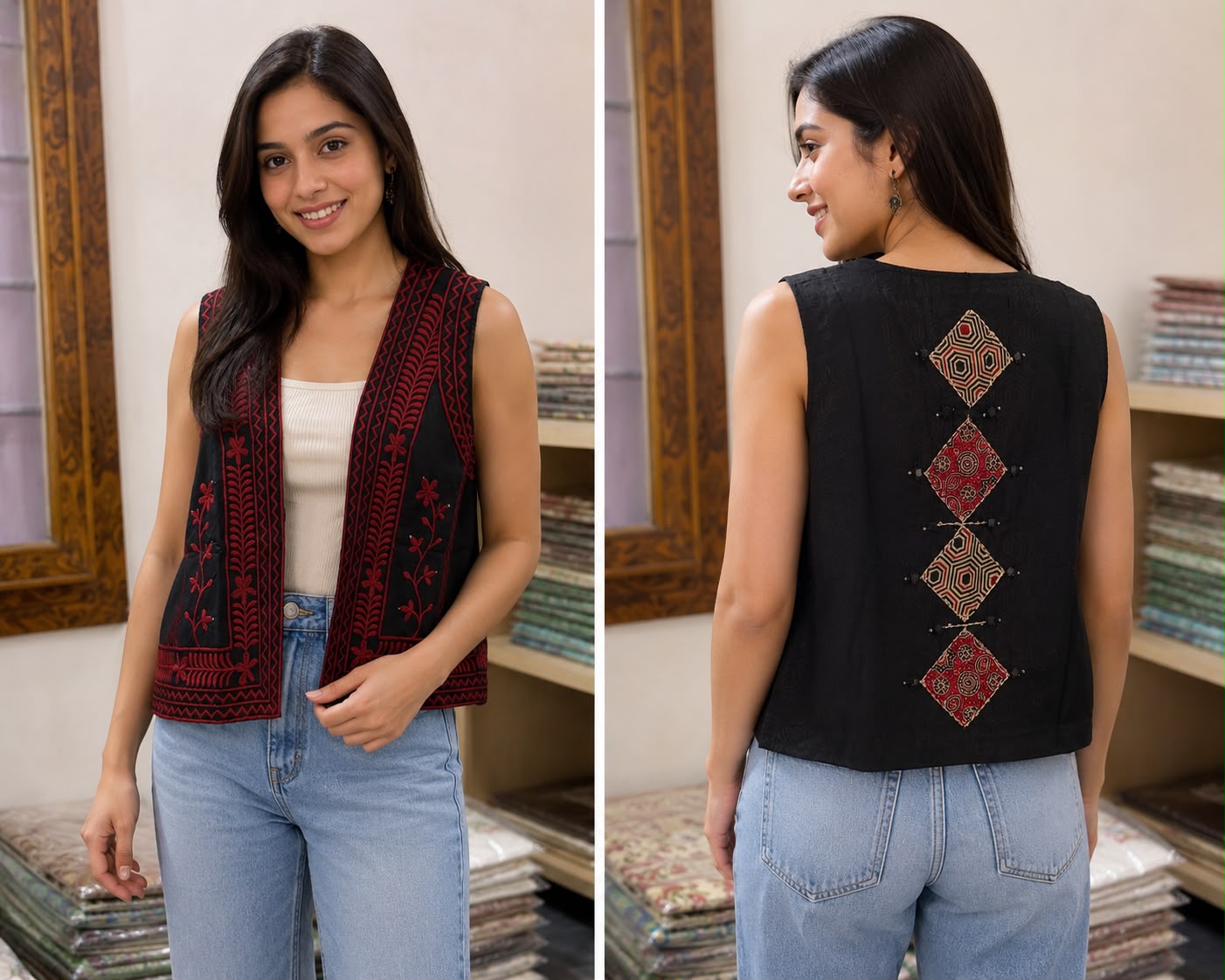 Women’s Black Sleeveless Embroidered Ethnic Jacket | Open-Front Short Shrug with Ajrakh Patchwork Back Design