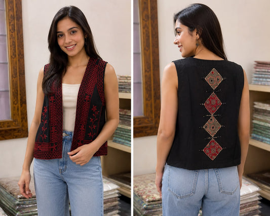 Women’s Black Sleeveless Embroidered Ethnic Jacket | Open-Front Short Shrug with Ajrakh Patchwork Back Design