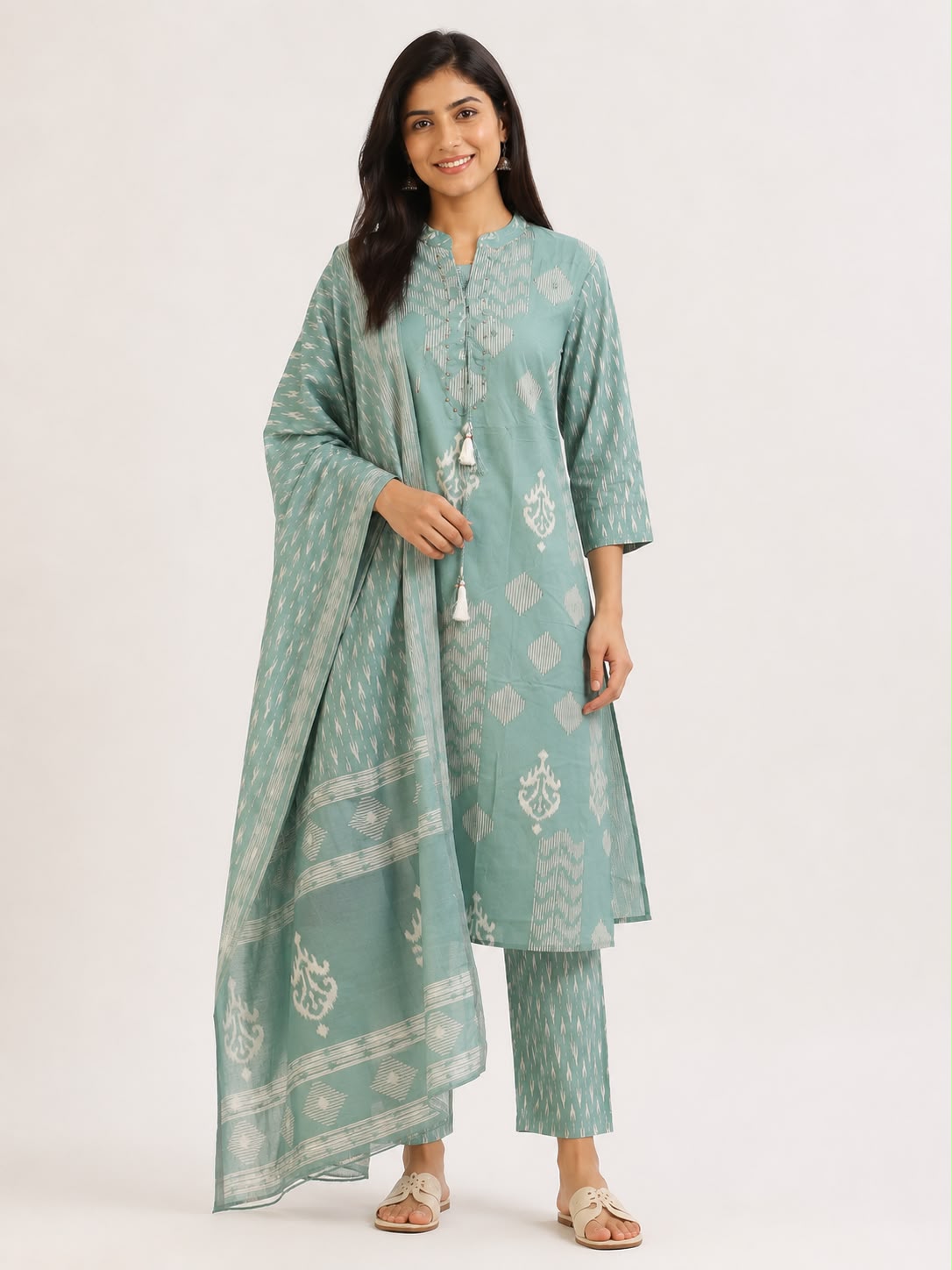 Women’s Sea Green Printed Kurti Set with Dupatta | 3-Piece Straight Kurta, Pants & Ethnic Dupatta Set